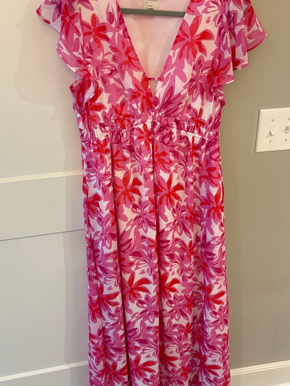 a new day Pink & Red Floral V‑Neck Ruffle Sleeve Dress
